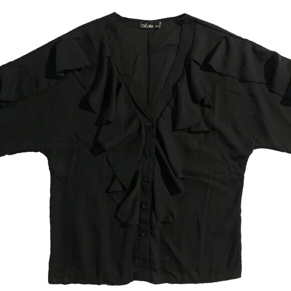 Chic Me Womens Size L Black V-Neck Wavy Edge Butterfly Long Sleeve Blouse - Picture 4 of 9